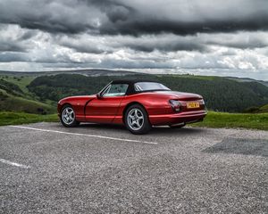 Preview wallpaper car, red, convertible, parking, nature