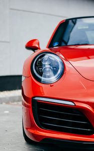 Preview wallpaper car, red, front view, headlight, closeup