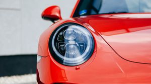 Preview wallpaper car, red, front view, headlight, closeup