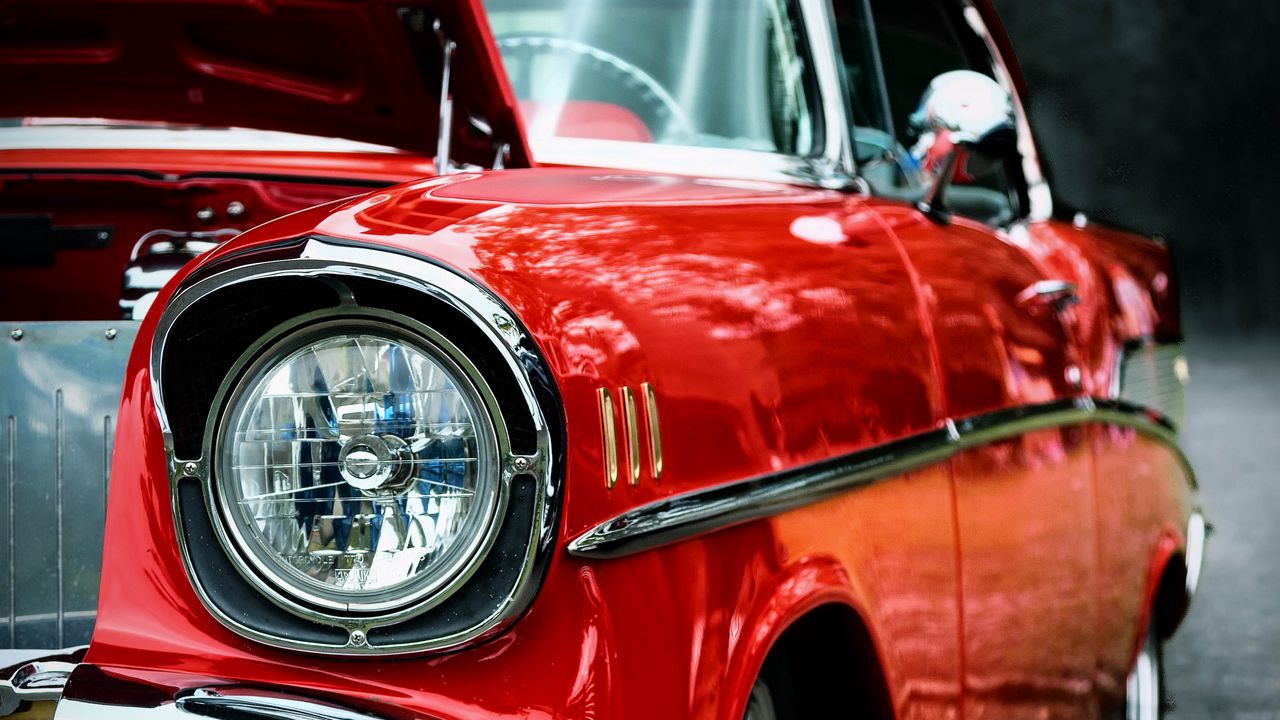 Wallpaper car, red, headlight, front view, retro