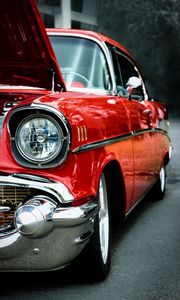 Preview wallpaper car, red, headlight, front view, retro