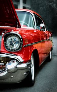 Preview wallpaper car, red, headlight, front view, retro