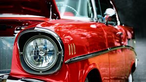 Preview wallpaper car, red, headlight, front view, retro