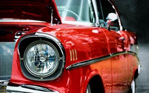 Preview wallpaper car, red, headlight, front view, retro