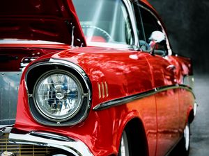 Preview wallpaper car, red, headlight, front view, retro