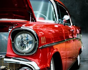 Preview wallpaper car, red, headlight, front view, retro