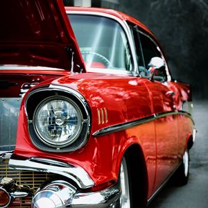 Preview wallpaper car, red, headlight, front view, retro
