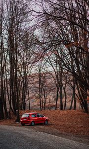 Preview wallpaper car, red, nature, autumn