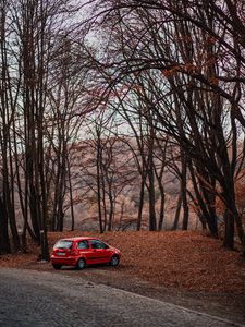Preview wallpaper car, red, nature, autumn