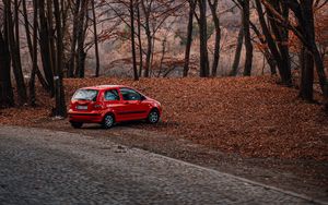 Preview wallpaper car, red, nature, autumn