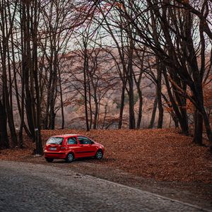 Preview wallpaper car, red, nature, autumn