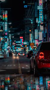 Preview wallpaper car, red, night city, street, lights