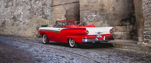 Preview wallpaper car, red, retro, buildings, road