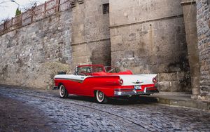 Preview wallpaper car, red, retro, buildings, road