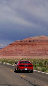 Preview wallpaper car, red, road, mountain