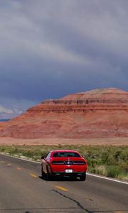 Preview wallpaper car, red, road, mountain