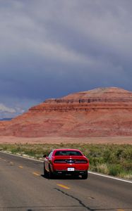 Preview wallpaper car, red, road, mountain