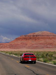 Preview wallpaper car, red, road, mountain