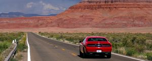 Preview wallpaper car, red, road, mountain