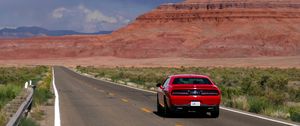 Preview wallpaper car, red, road, mountain