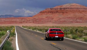 Preview wallpaper car, red, road, mountain