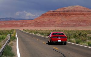 Preview wallpaper car, red, road, mountain