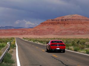 Preview wallpaper car, red, road, mountain