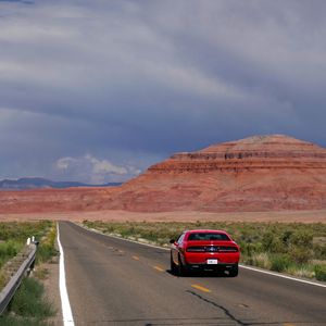 Preview wallpaper car, red, road, mountain