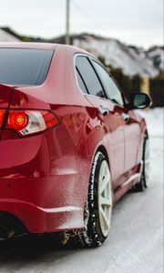 Preview wallpaper car, red, side view, snow, winter