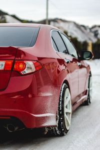 Preview wallpaper car, red, side view, snow, winter