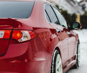 Preview wallpaper car, red, side view, snow, winter