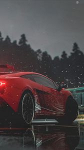 Preview wallpaper car, red, sports car, side view, lights, wet