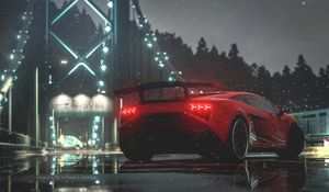 Preview wallpaper car, red, sports car, side view, lights, wet