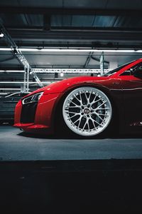 Preview wallpaper car, red, sportscar, wheel, side view