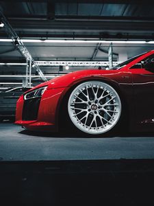 Preview wallpaper car, red, sportscar, wheel, side view