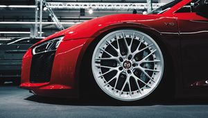 Preview wallpaper car, red, sportscar, wheel, side view