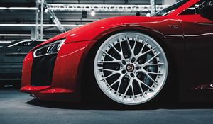 Preview wallpaper car, red, sportscar, wheel, side view