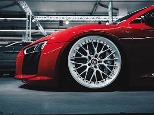 Preview wallpaper car, red, sportscar, wheel, side view