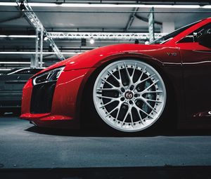 Preview wallpaper car, red, sportscar, wheel, side view