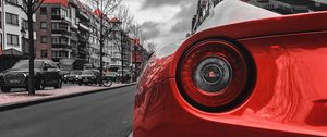 Preview wallpaper car, red, sportscar, rear view, street