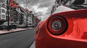 Preview wallpaper car, red, sportscar, rear view, street