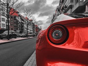 Preview wallpaper car, red, sportscar, rear view, street