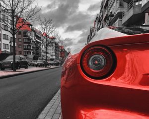 Preview wallpaper car, red, sportscar, rear view, street