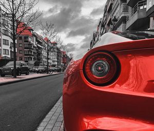 Preview wallpaper car, red, sportscar, rear view, street