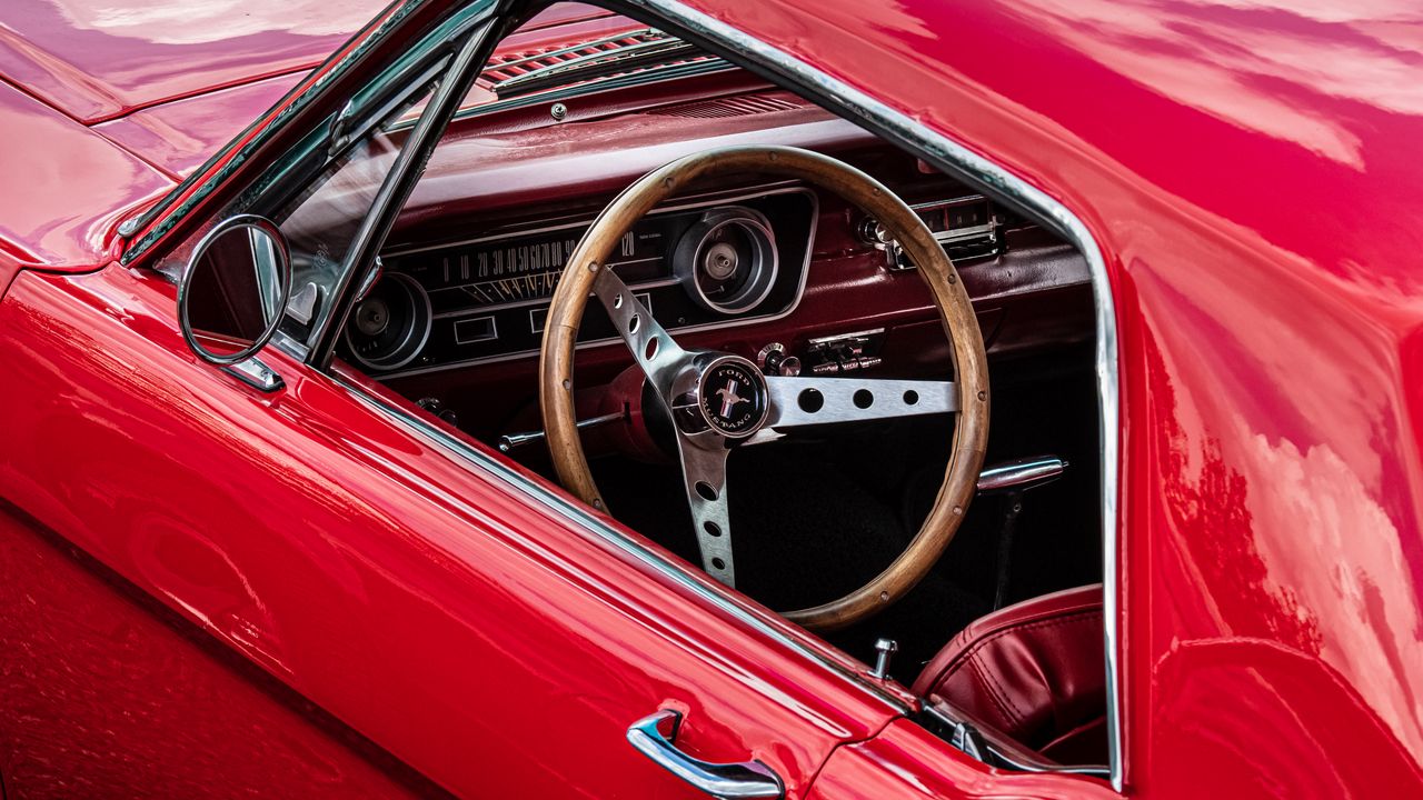Wallpaper car, red, steering wheel, retro