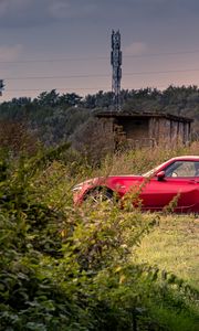Preview wallpaper car, red, trees, nature