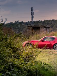 Preview wallpaper car, red, trees, nature