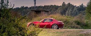 Preview wallpaper car, red, trees, nature