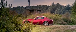 Preview wallpaper car, red, trees, nature