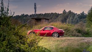 Preview wallpaper car, red, trees, nature